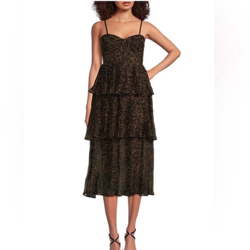 AQUA Leopard Print Pleated Tiered Smocked Midi Dress Animal Print Spring Summer